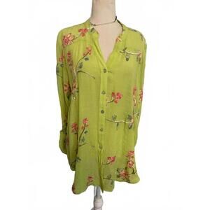 Floral Embroidered Button-Up Shirt in Vibrant Lime Green